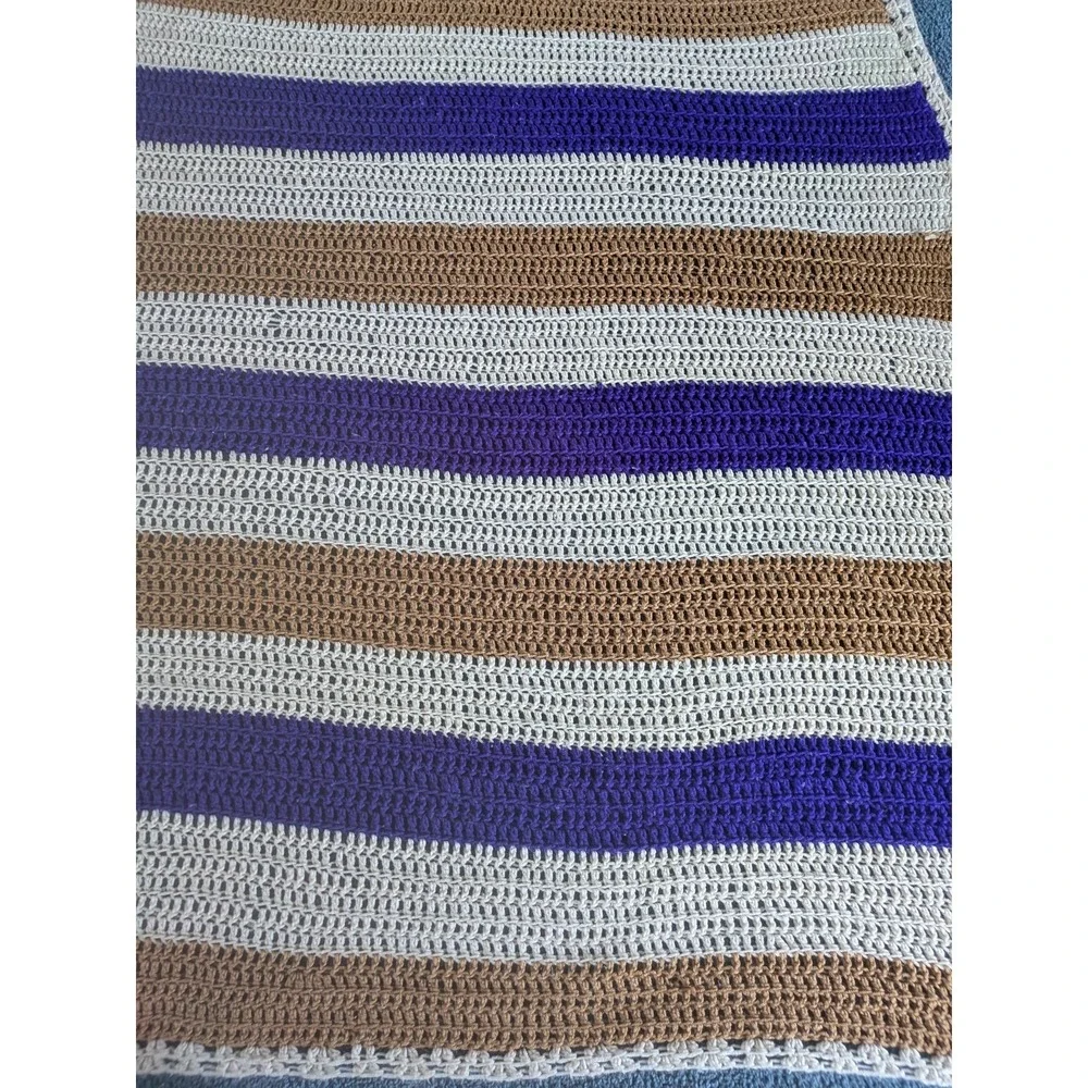 Vintage Hand Crocheted Striped Throw Blanket Purple Taupe Cream  Afghan Cozy